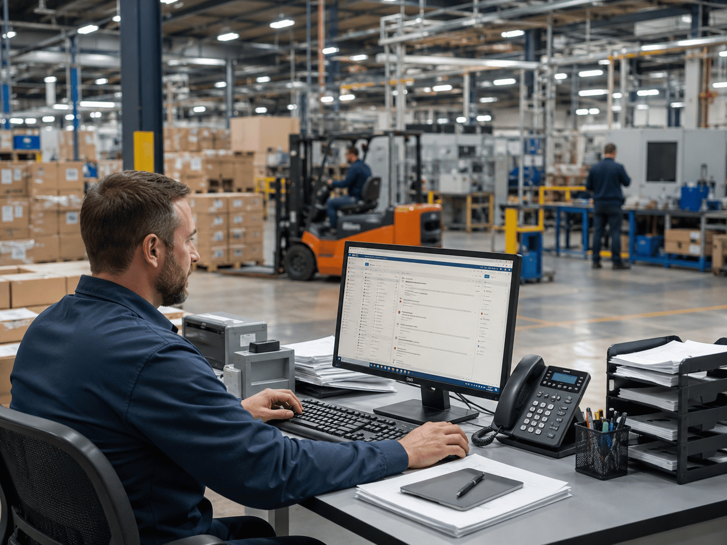 Warehouse office workstation in action